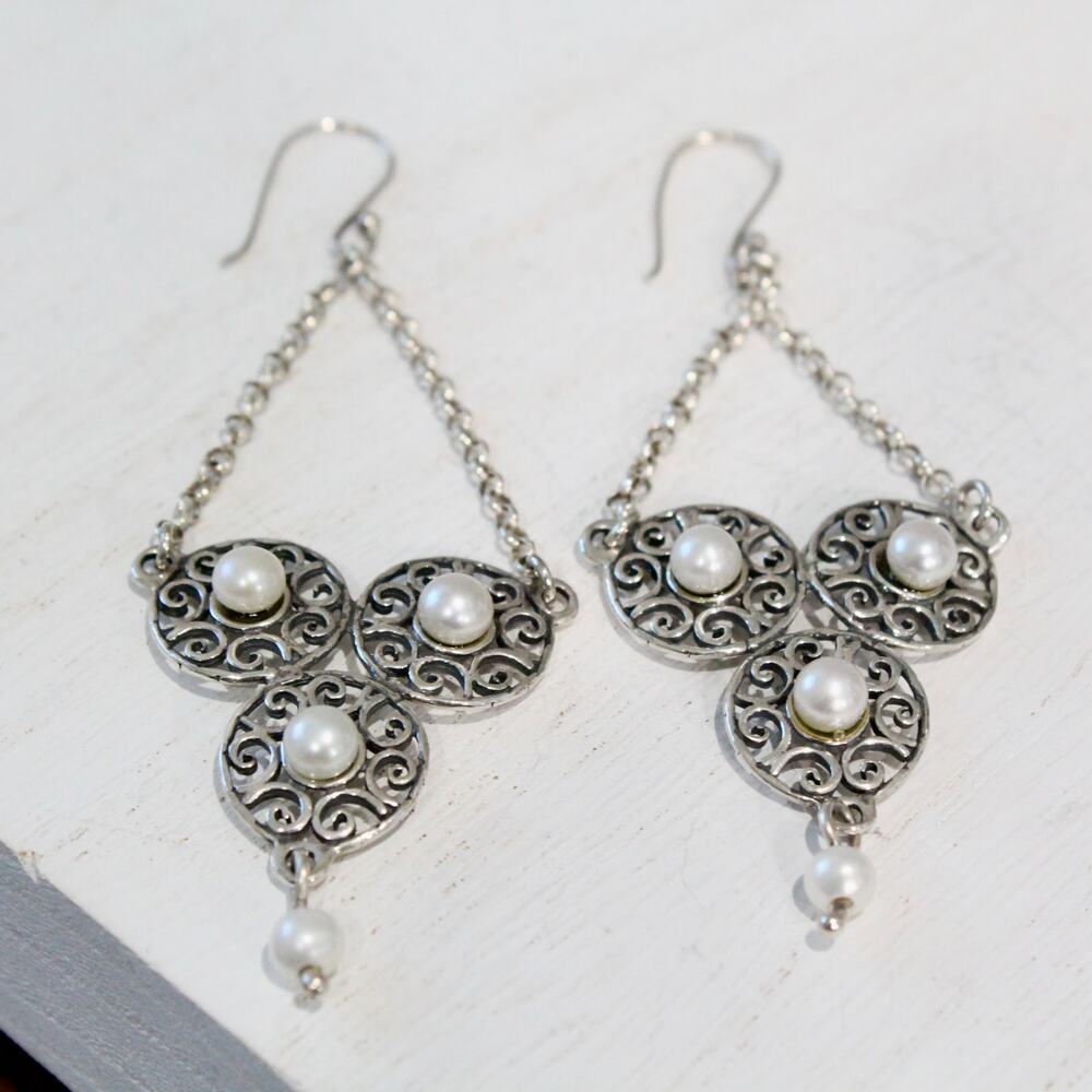 Vintage Artisan Sterling Silver Filigree Dangle Earrings w/ Freshwater Pearls